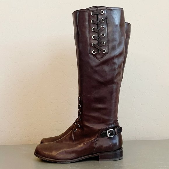 Stuart Weitzman Tall Boots 6 Brown Leather Lace Up Strap Buckle Side Zipper Knee - Picture 5 of 9